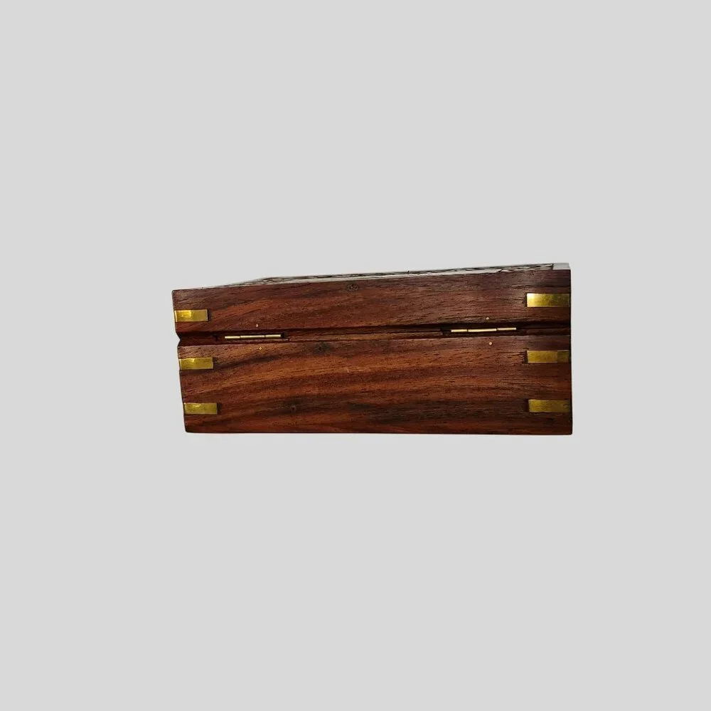 Hand-Carved Wooden Jewelry Box With Brass Elephant Inlay & Red Velvet Lining